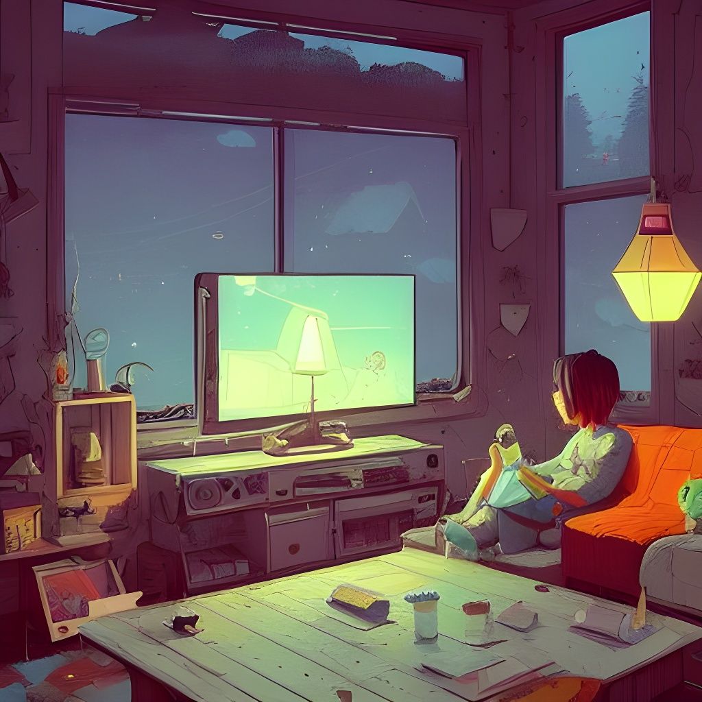 Cozy Night TV Scene in Cel-Shaded Style
