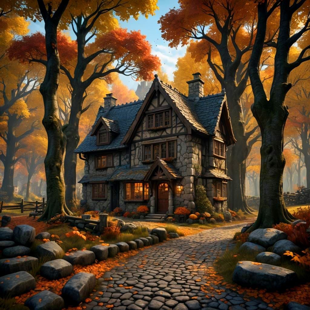 Autumn Cottage with Cobblestone Path in Matte Painting Style