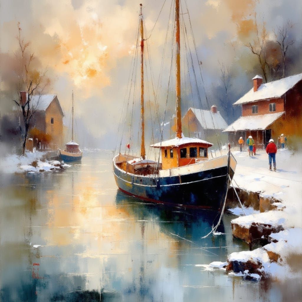 Winter Port Scene in Impressionist Style