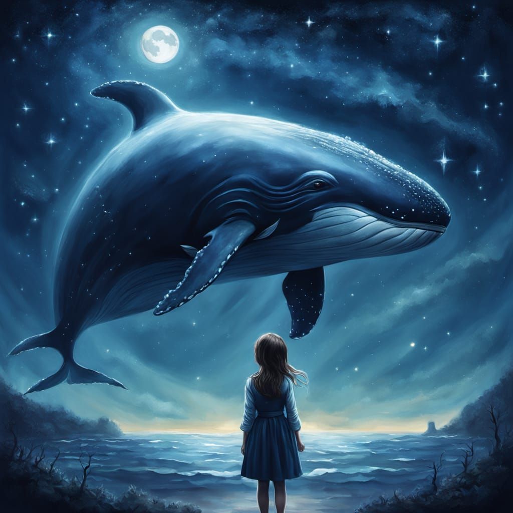 Girl Whispers Secrets to Sky Whale Under Twinkling Stars