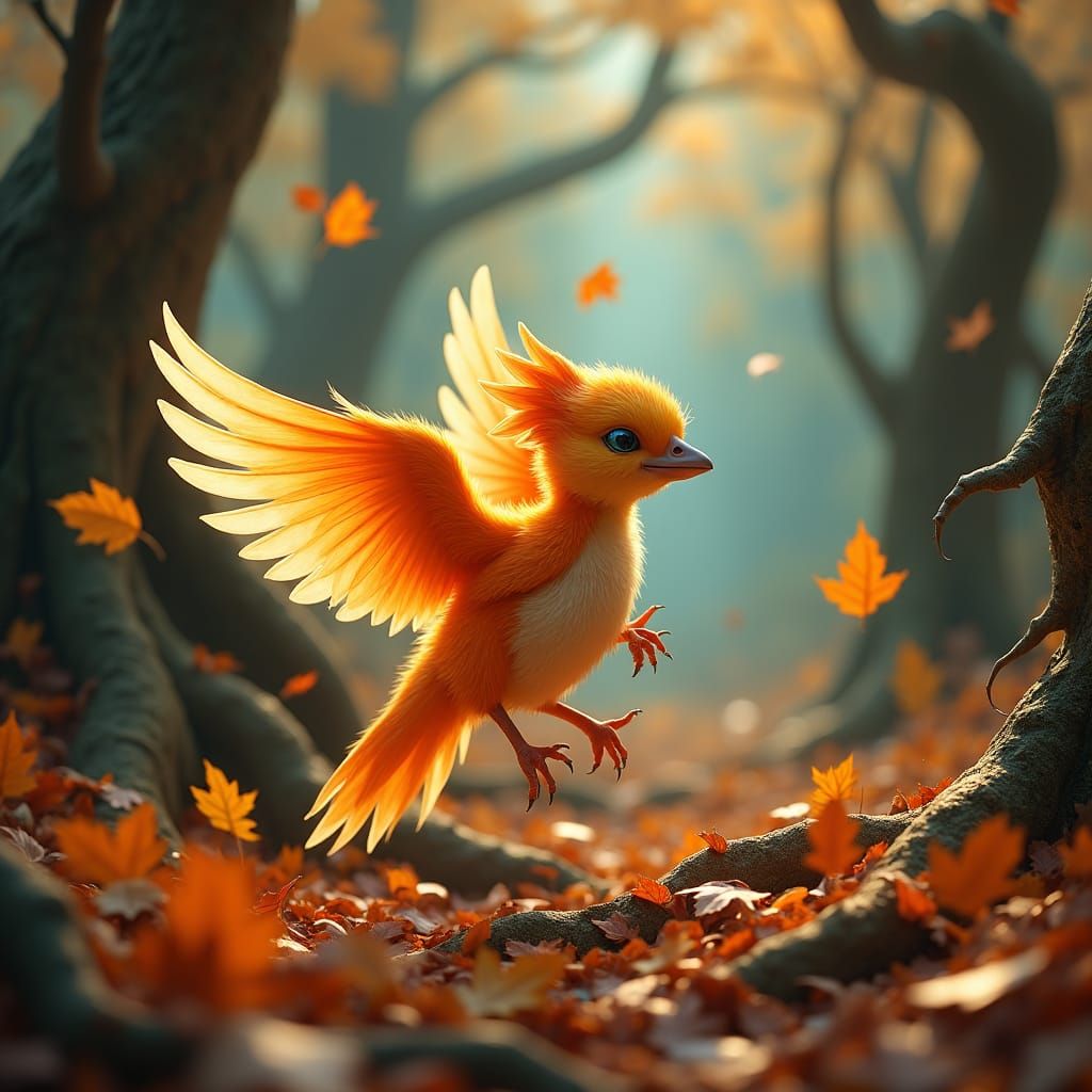 Baby Phoenix in Autumn Forest: Fantasy Concept Art