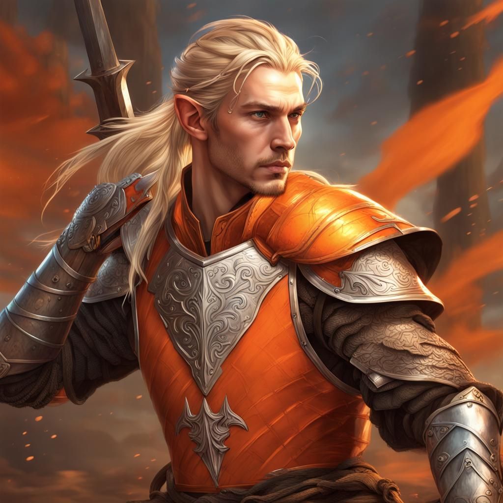 Elven Warrior in Orange Armor on Battlefield