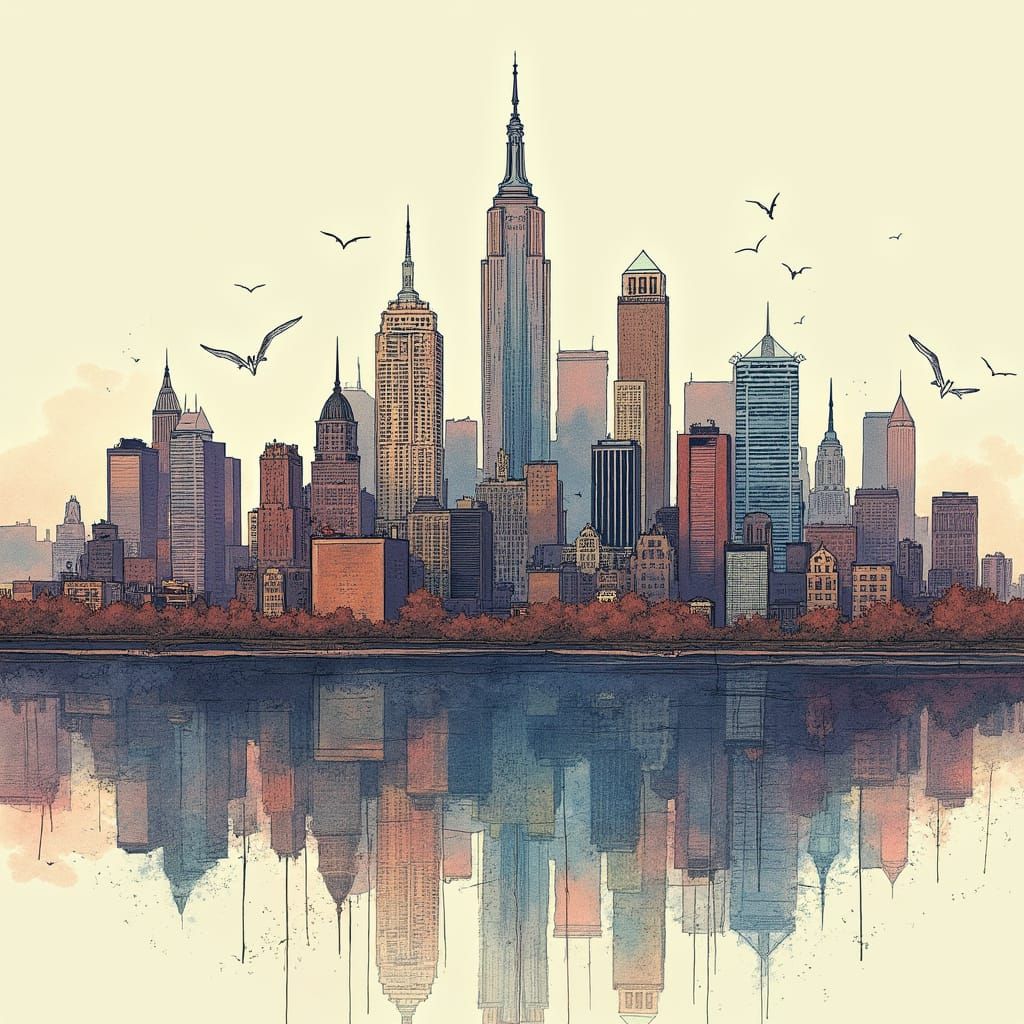 Philadelphia Skyline Line Drawing with Fantasy Elements