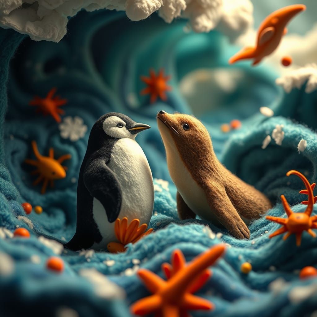 Felt Penguin and Seal in a Textured Ocean