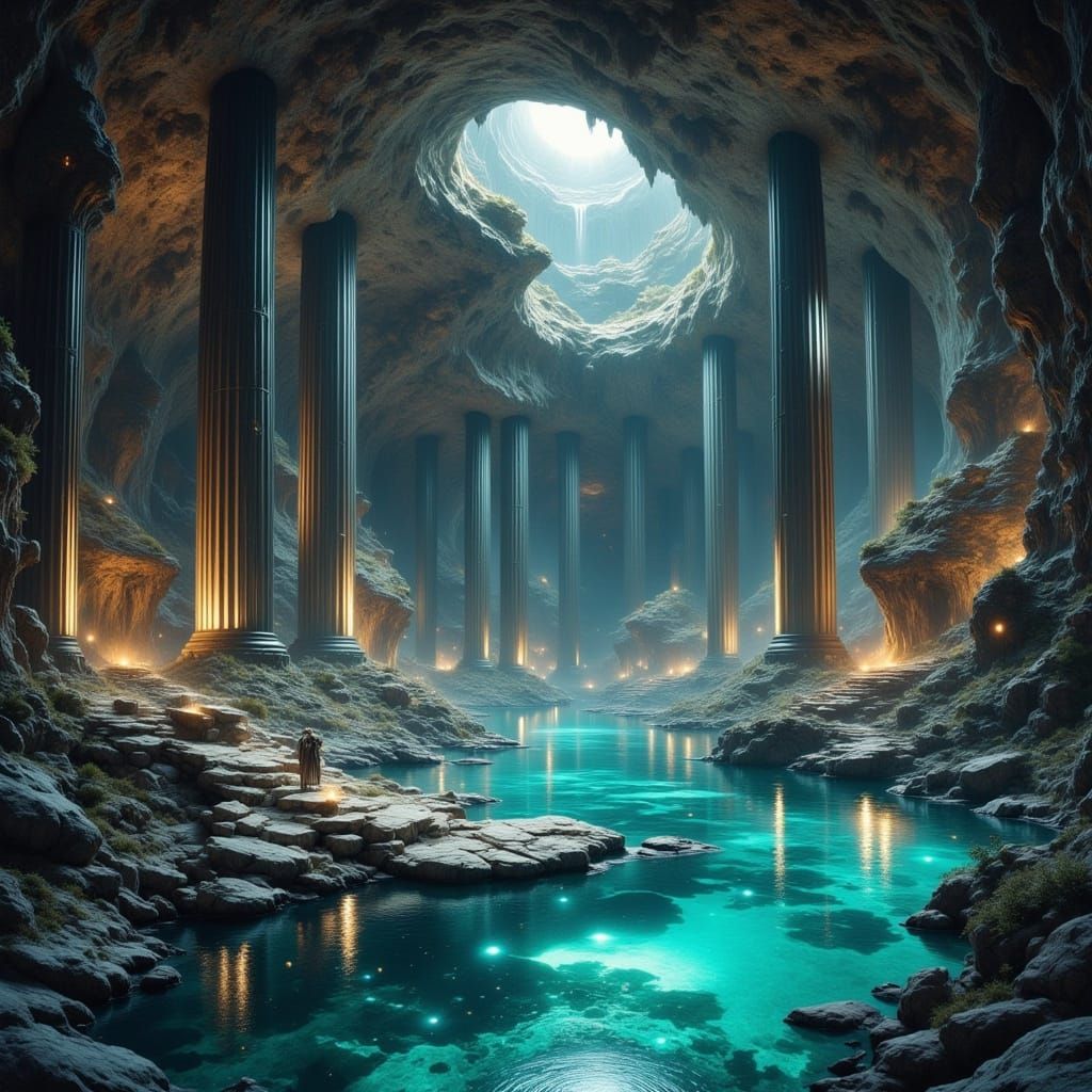Steampunk Cave with Turquoise Pool and Stone Pillars