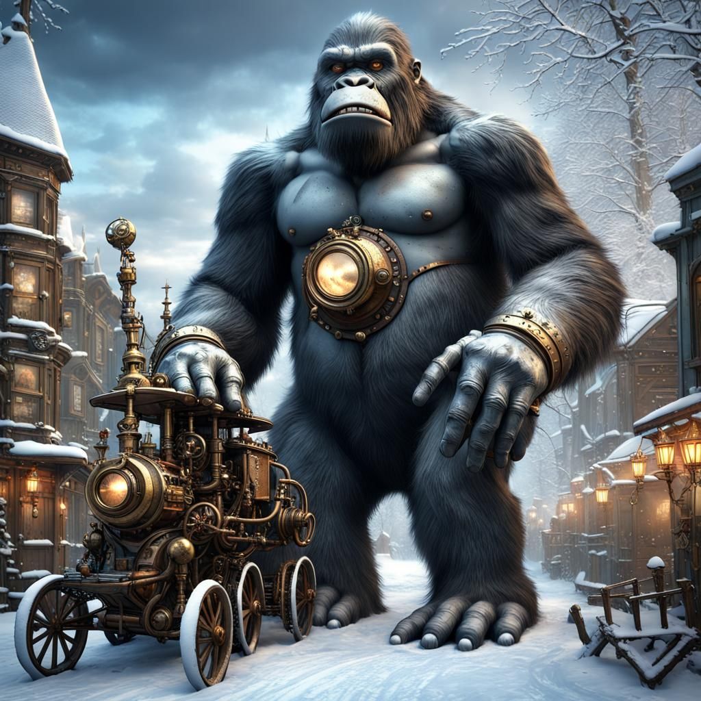 Steampunk  king kong in winter wonderland