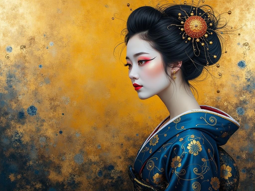 Geisha in Flowing Gold and Silver Oil Painting