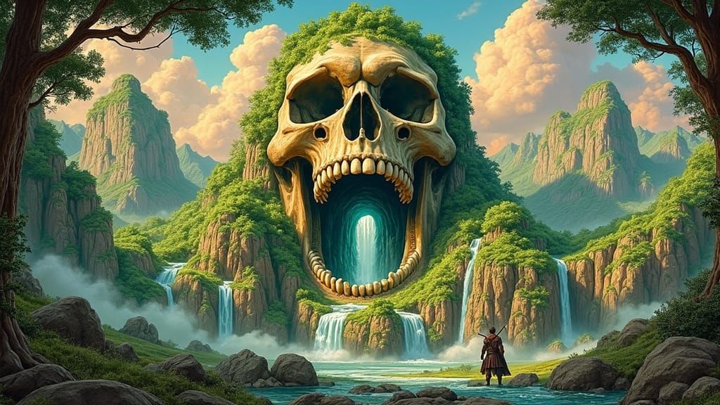 Epic Fantasy Landscape: Giant Skull Mountain and Desert Gate...