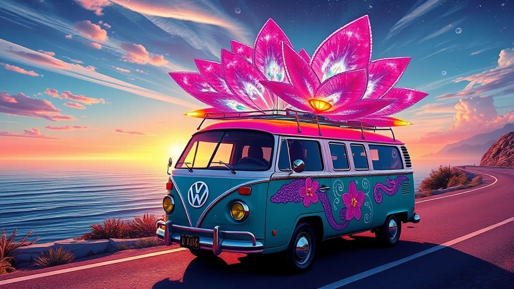 Psychedelic VW Van with Crystal Flowers by the Sea