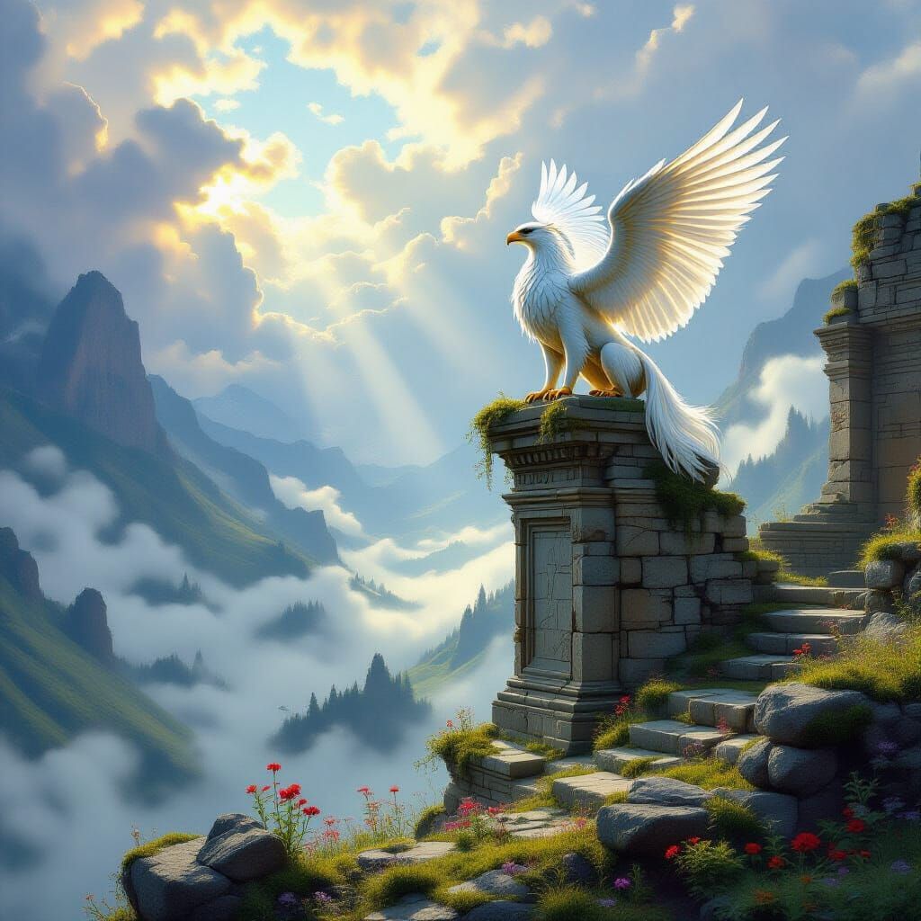 Majestic Griffin Over Mist Valley in Oil Painting Style
