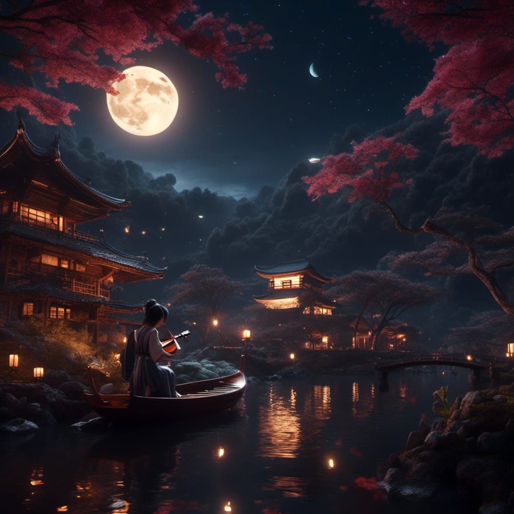Geisha Playing Lute Under Starry Sky in Matte Painting