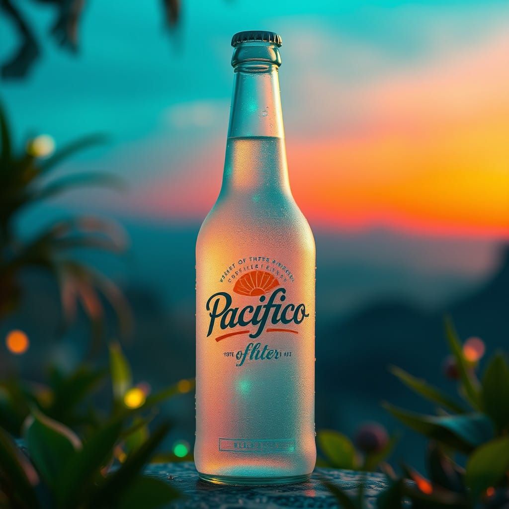 Mystical Pacifico Beer Bottle Amidst Tropical Sunset