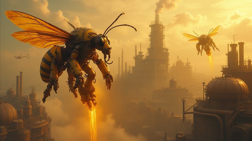 Steampunk Wasp Mechs Swarm Industrial Hive-City in Dieselpun...