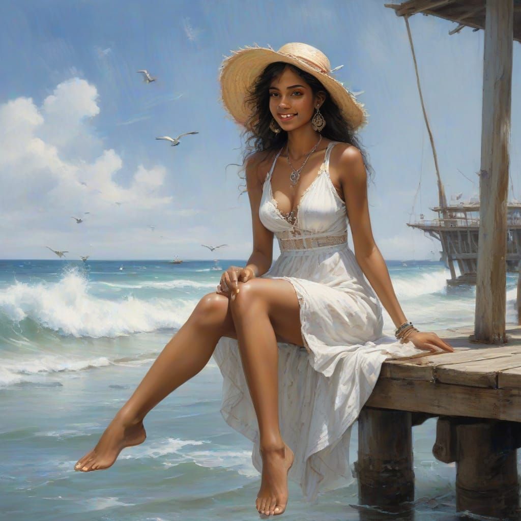 Ethereal Tamil Beauty Reclines on a Seaside Pier