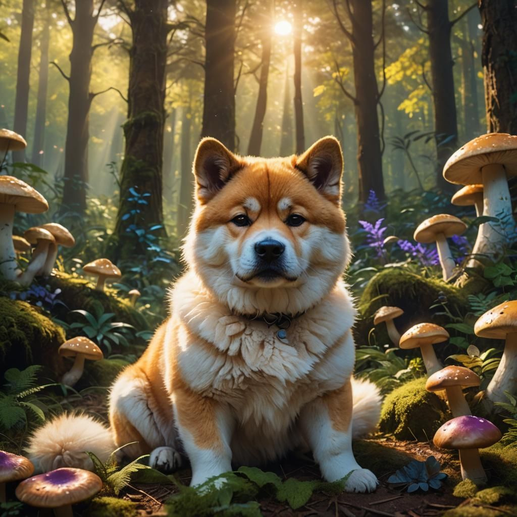 Akita Inu Puppy in Enchanted Forest
