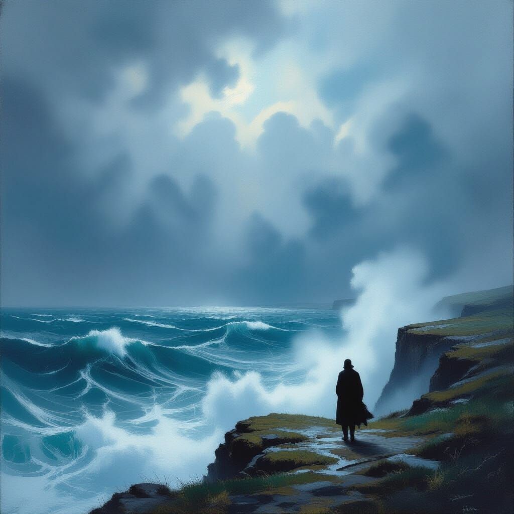 Figure on Cliff Overlooking Stormy Ocean