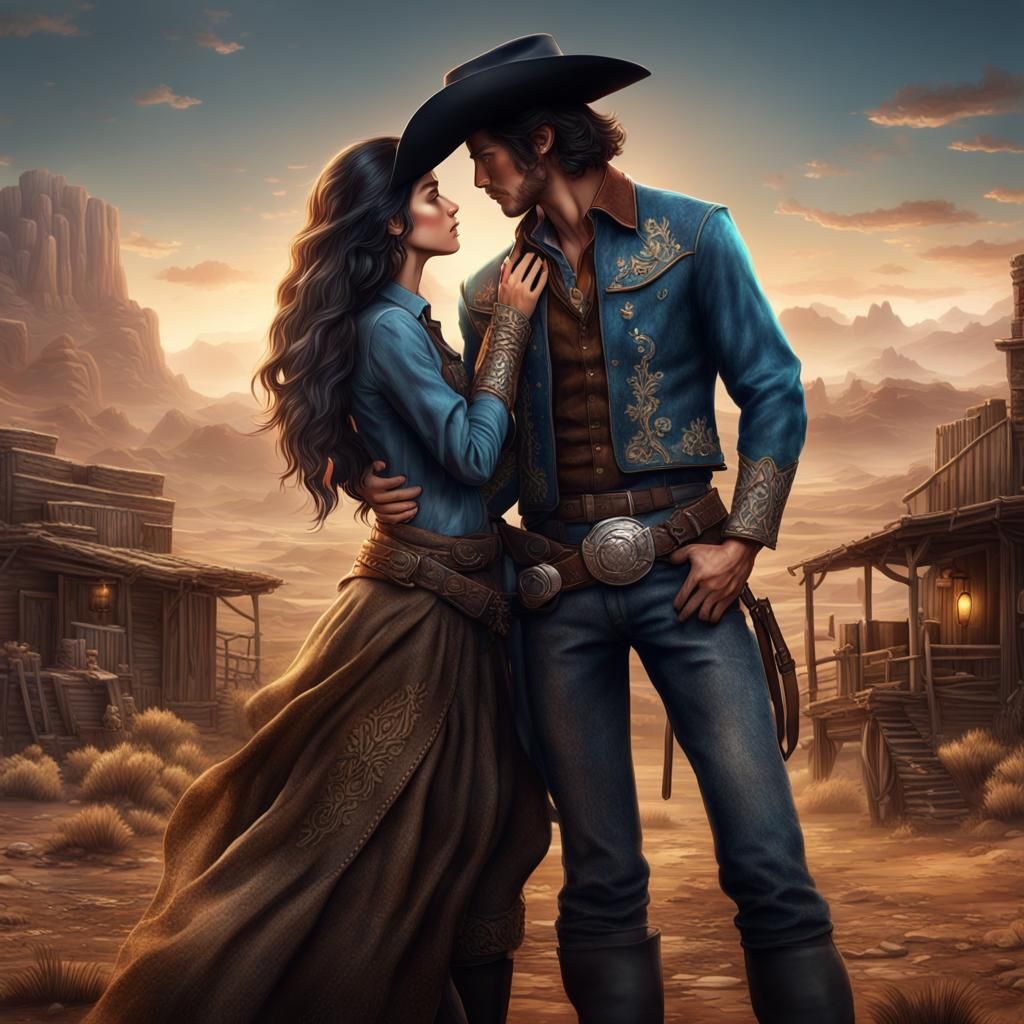Cowboy Couple Kiss in Romantic Fantasy Art