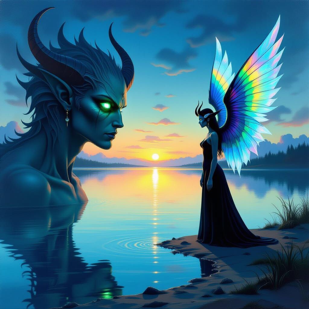 Surreal Demon-Human Hybrid by Glassy Lake at Dusk