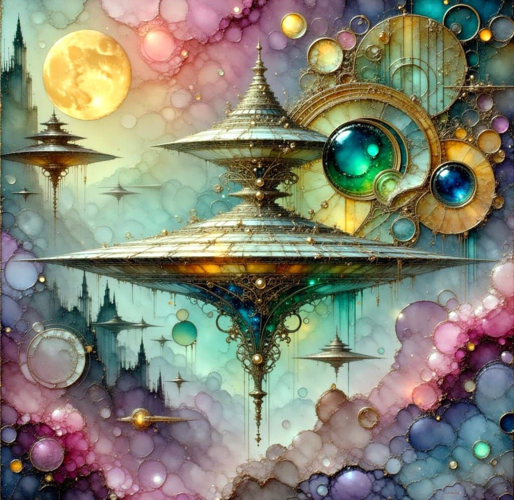 Shimmery Space Station Amid Mauve Vapors