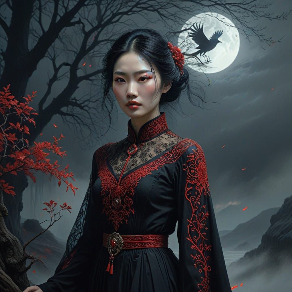 Asian Vampire Goddess with Mysterious, Enigmatic Smile