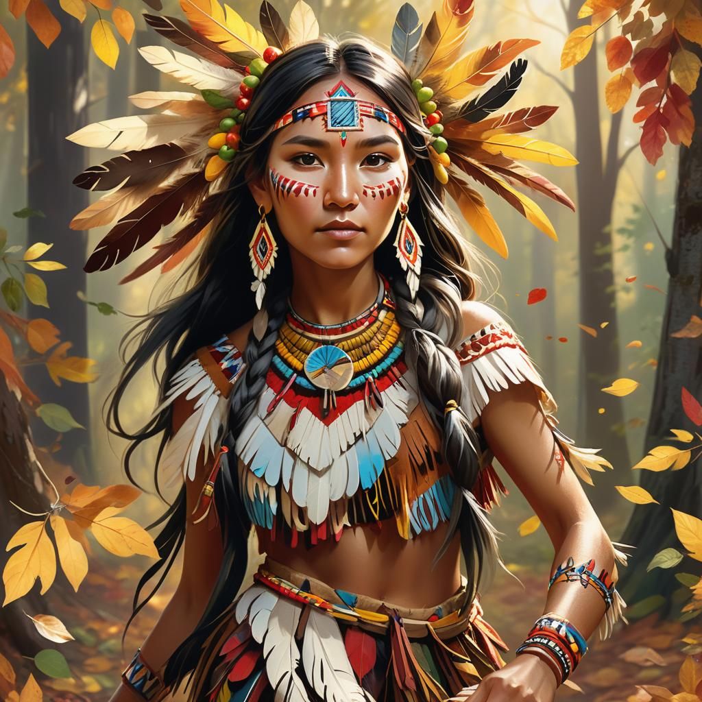 Native American Woman Dancing in Autumnal Forest