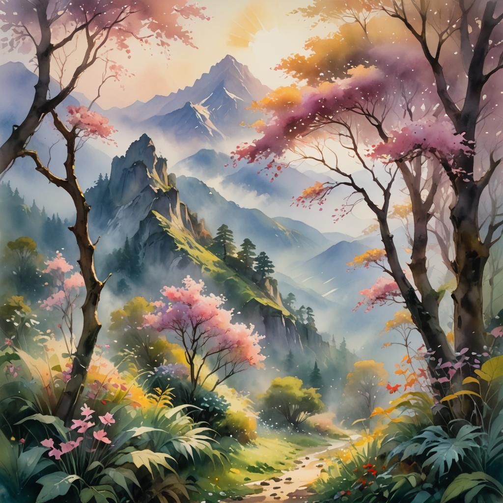 Misty Mountains and Lush Flora in Watercolor Style