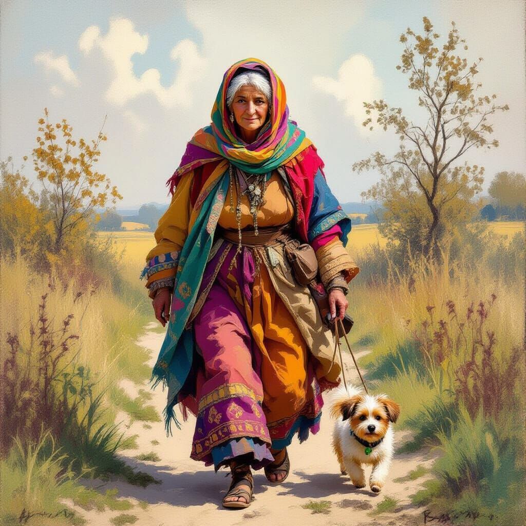Whimsical Gypsy Woman with Dog, Earthy Style