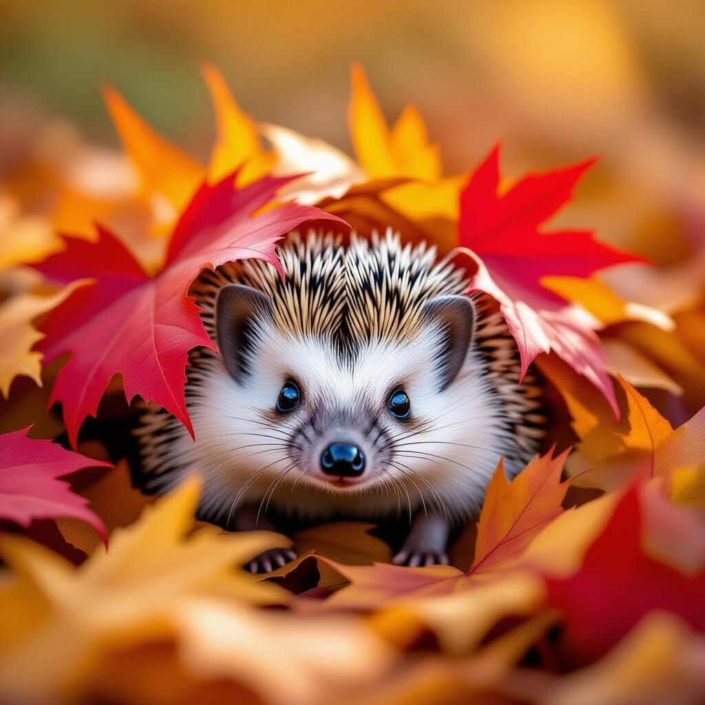 Cute Hedgehog Peeking From Red Maple Leaves