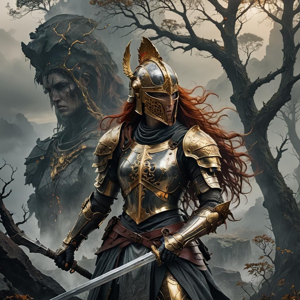 Scarlet Knight with Gold Arm in Ominous Landscape