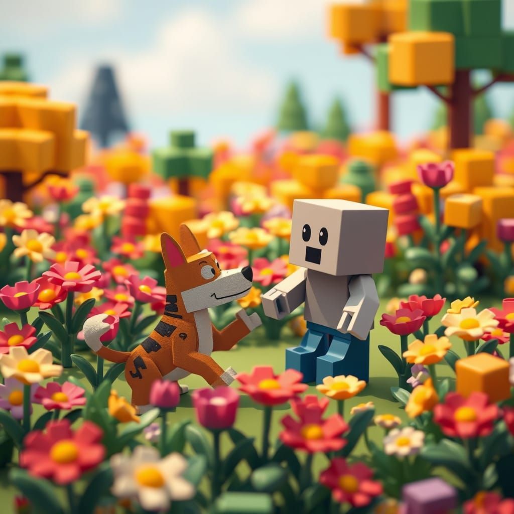 Stylized Dog and Person Playing in Block Garden