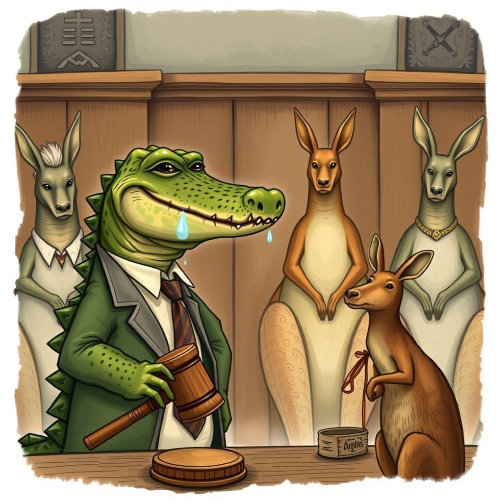 Sorrowful Crocodile Pleads Its Case in Whimsical Court Scene