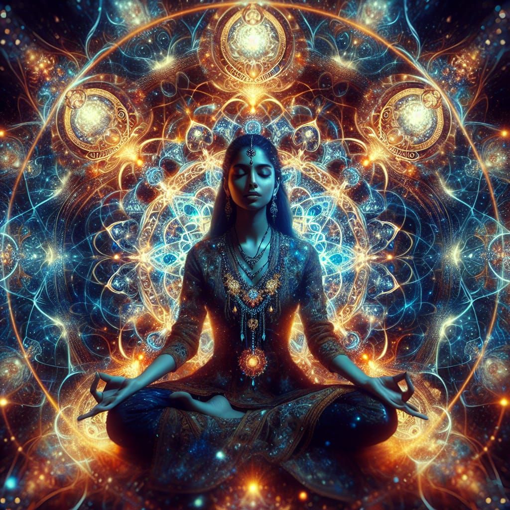 Meditating Woman in Cosmic Mandala Design