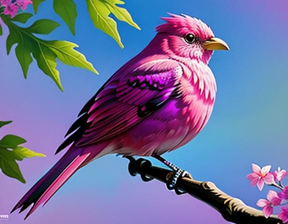 Pink Bird Gouache Painting on Purple Background