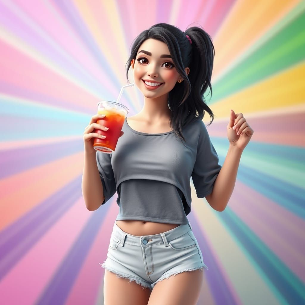 Smiling Woman with Drink in Pixar 3D Style