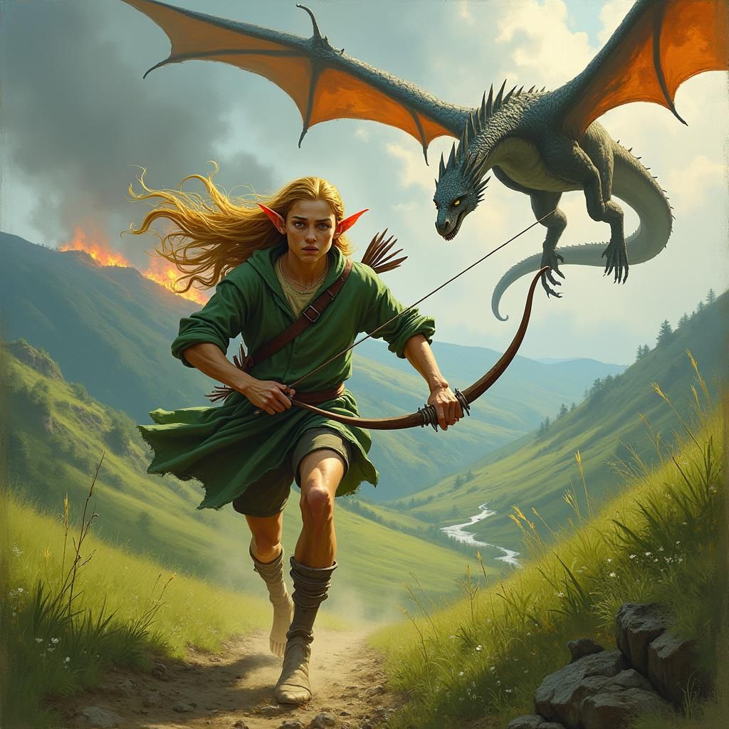 Elf Fleeing Dragon in Shire, Eclectic Art Style