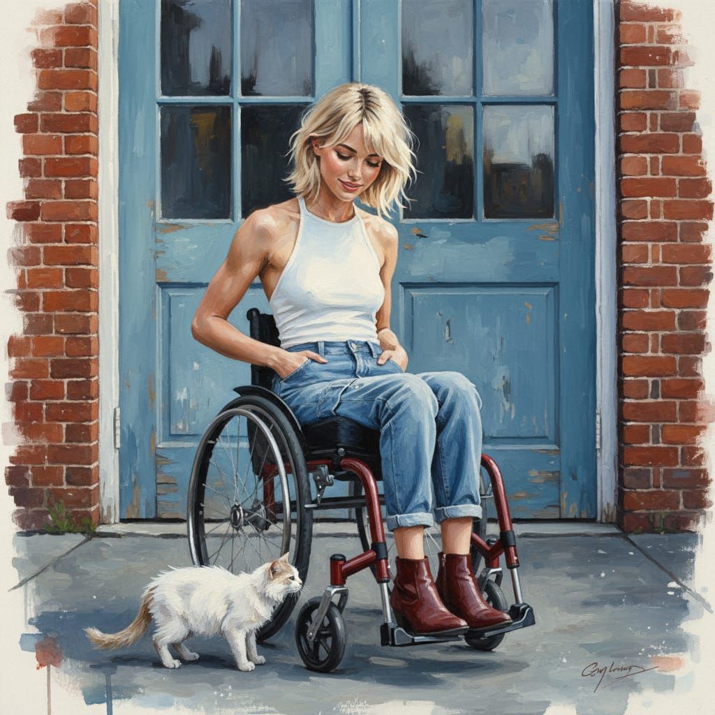 Woman in Wheelchair with Cat, Impressionist Style