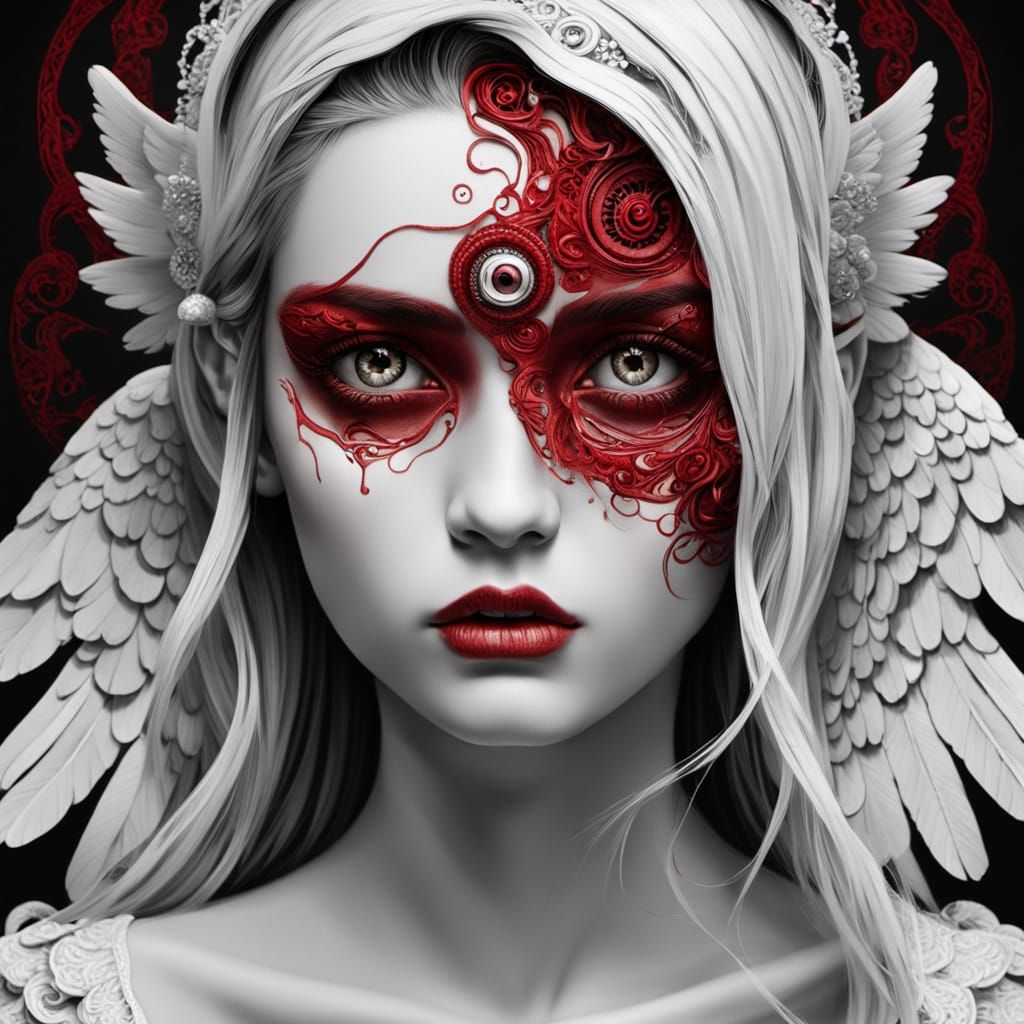 Deformed Angel with Red Eye in Despair, Intricate Detail
