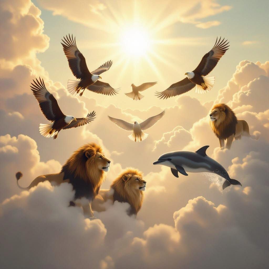 Animals Soaring Through Divine Clouds in Soft Focus