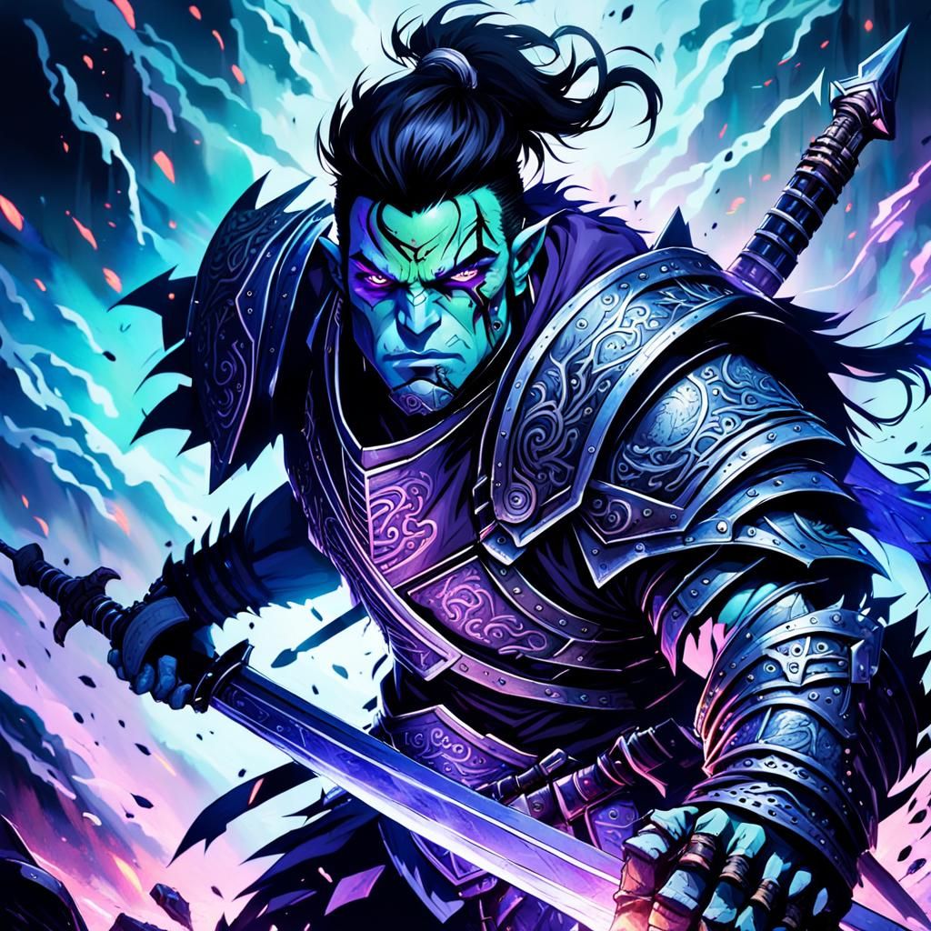 Half-Orc Warrior in Anime-Style Dark Fantasy