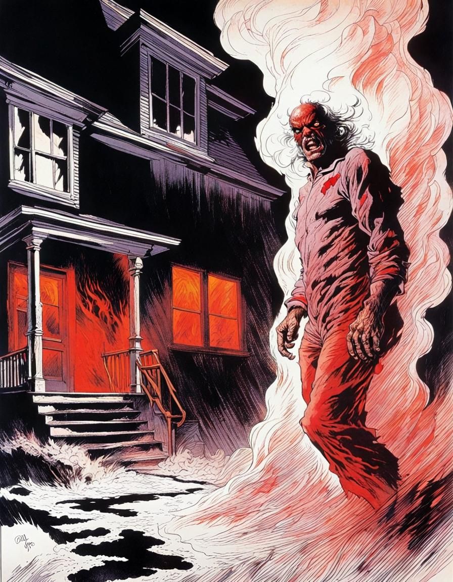 Horrifying Portrait in Burning House, Sinister Horror Style