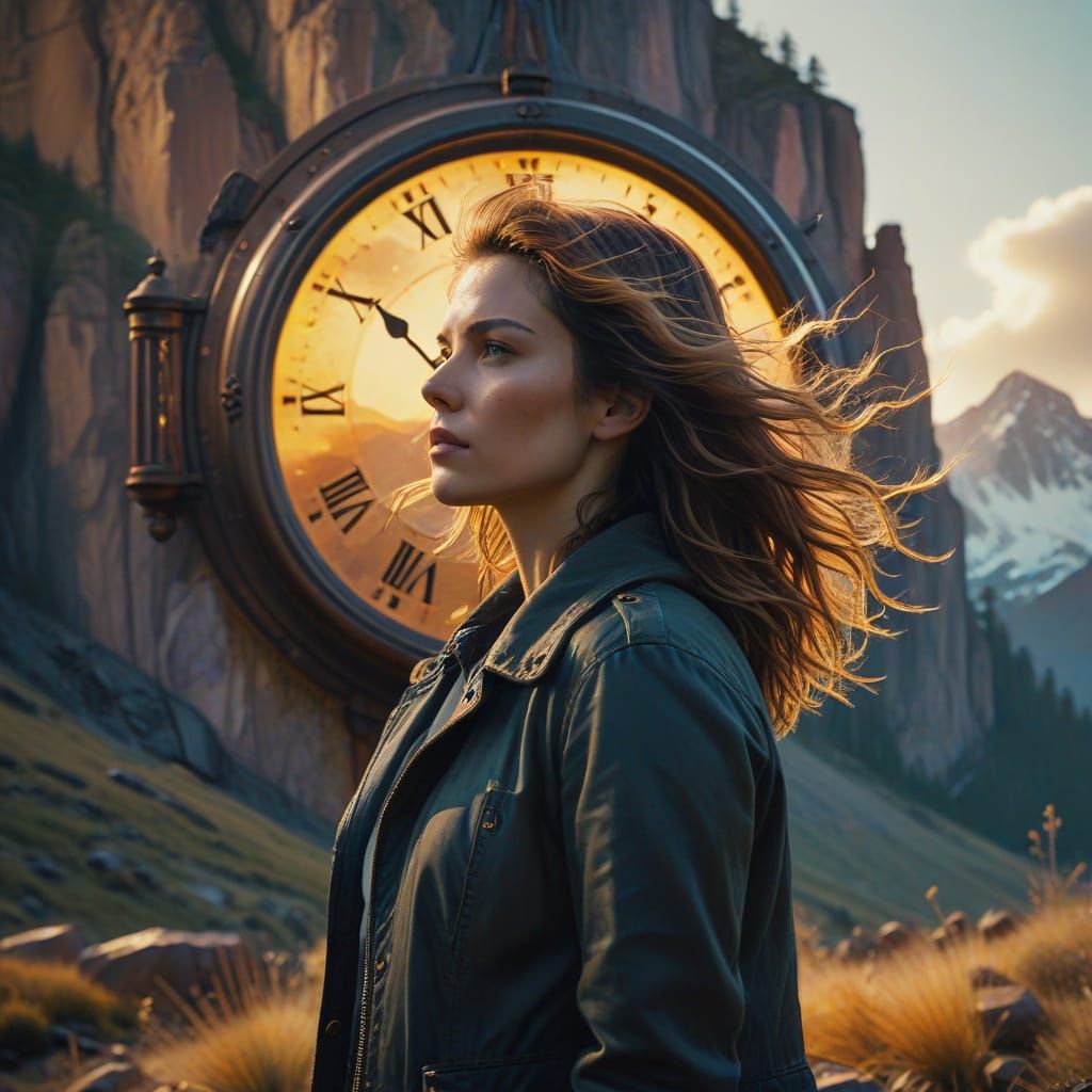 Oil Painting: Person Before Distorted Clock at Golden Hour
