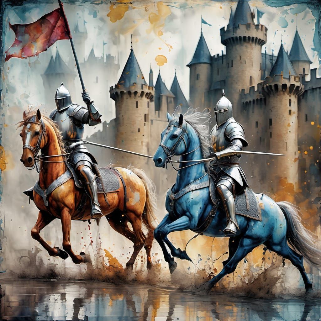 Knights in Epic Medieval Combat Scene, Castle in Background