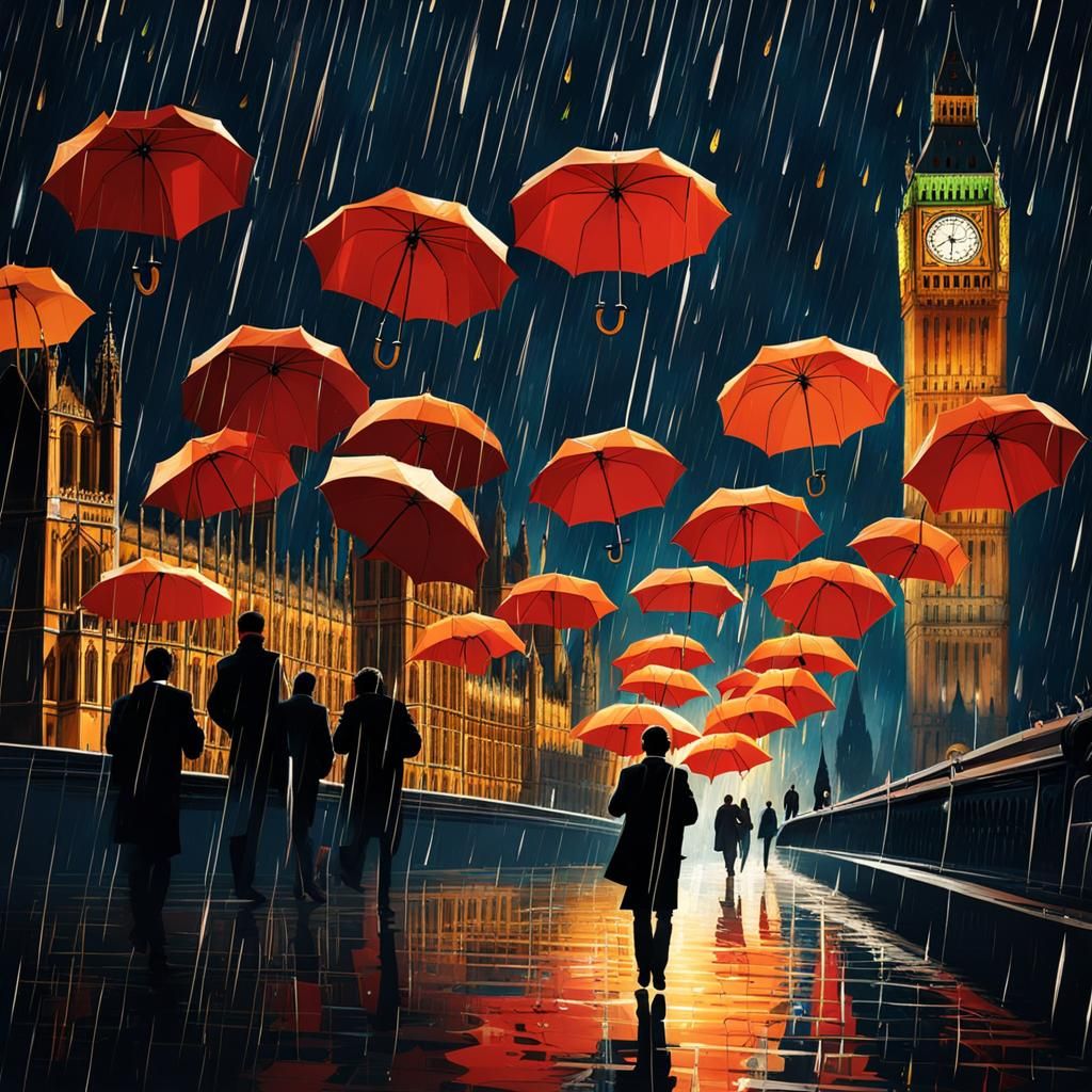 Houses of Parliament with Fireflies and Umbrellas