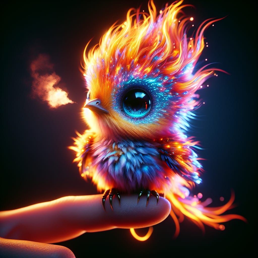 Vibrant Baby Phoenix in Cinematic 3D Style