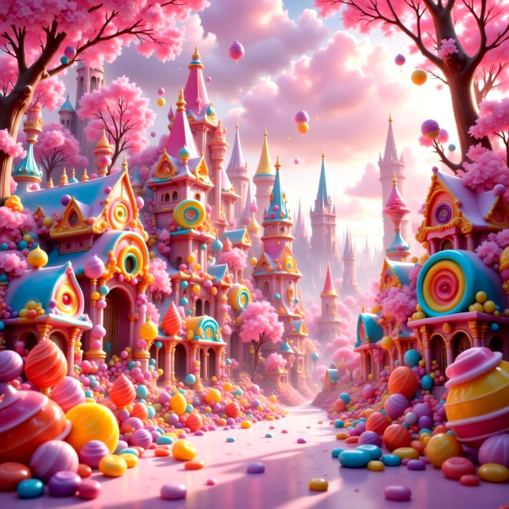 Shimmering Sugary Cityscape in a Candy World