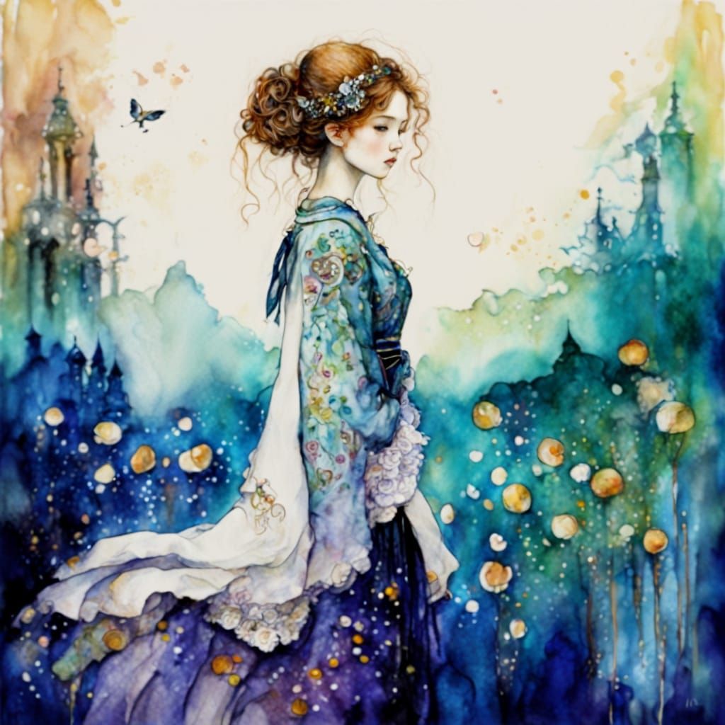 Charming Alcohol Ink Sketch in Art Nouveau Style