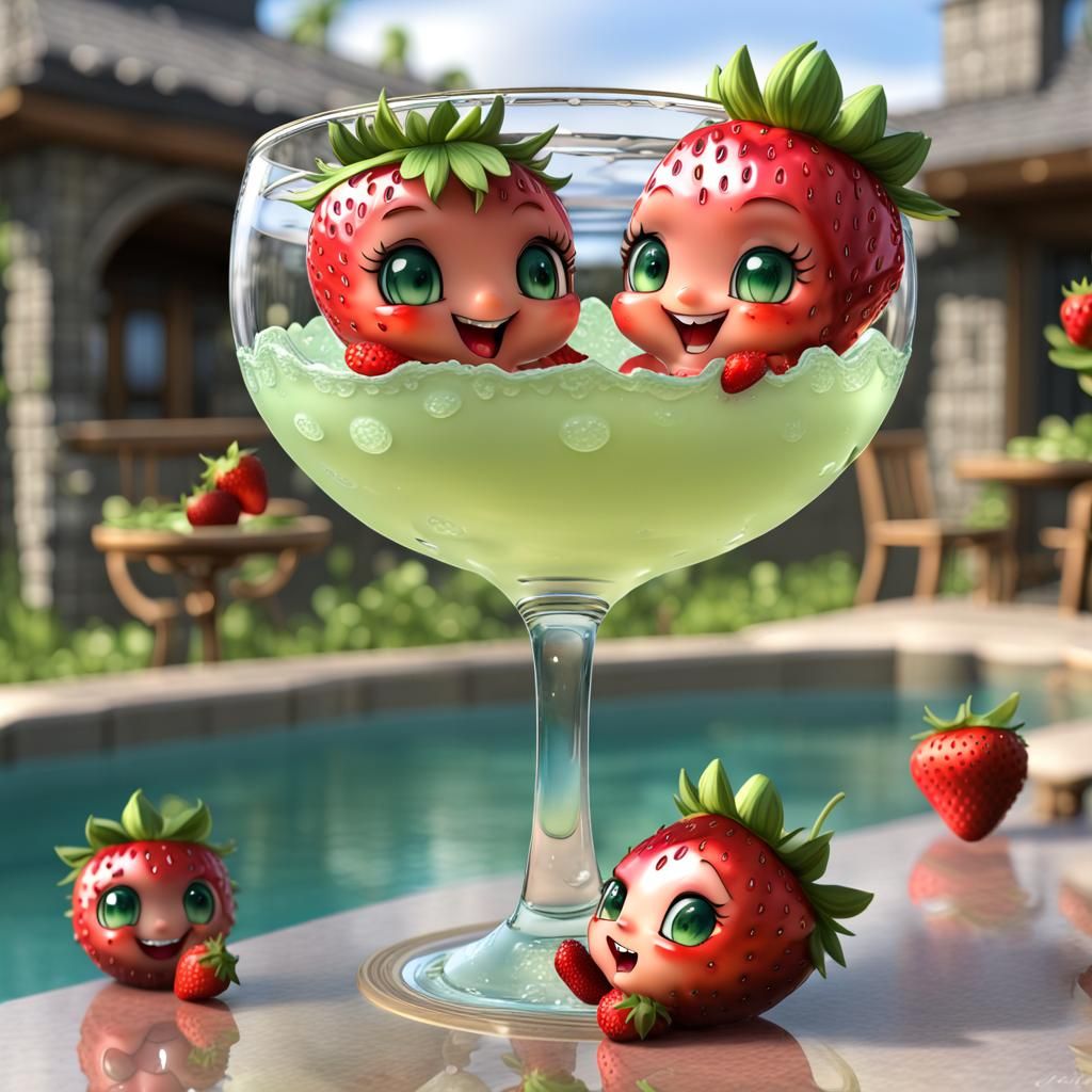 Chibi Strawberries Enjoying Margarita in 3D Anime Style