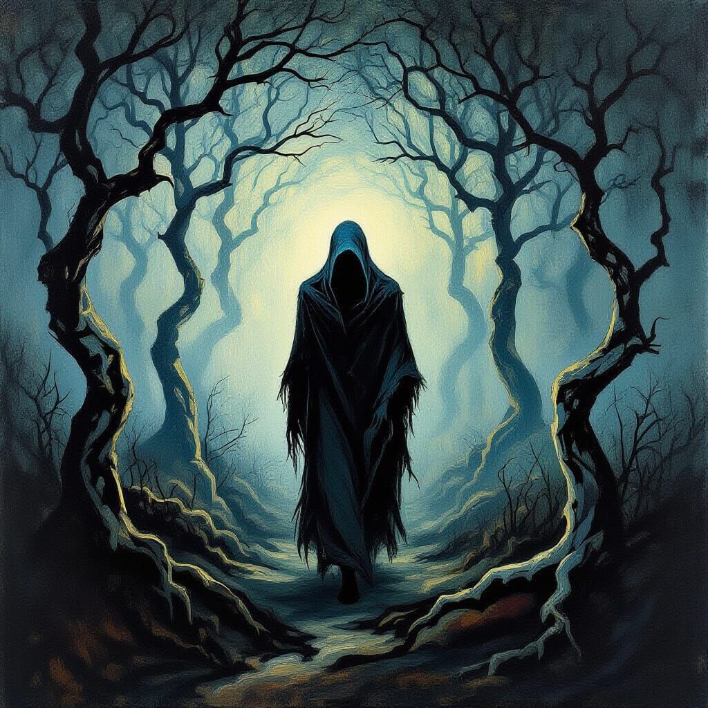 Spectral Figure Wanders in Expressionist Twilight Forest