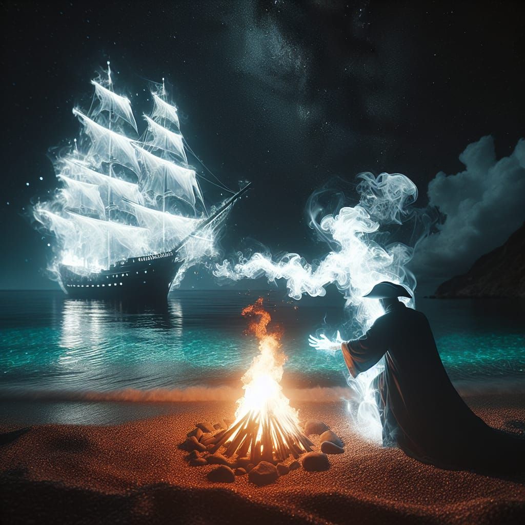 Spectral Pirate Conjures Ghost Ship on Beach