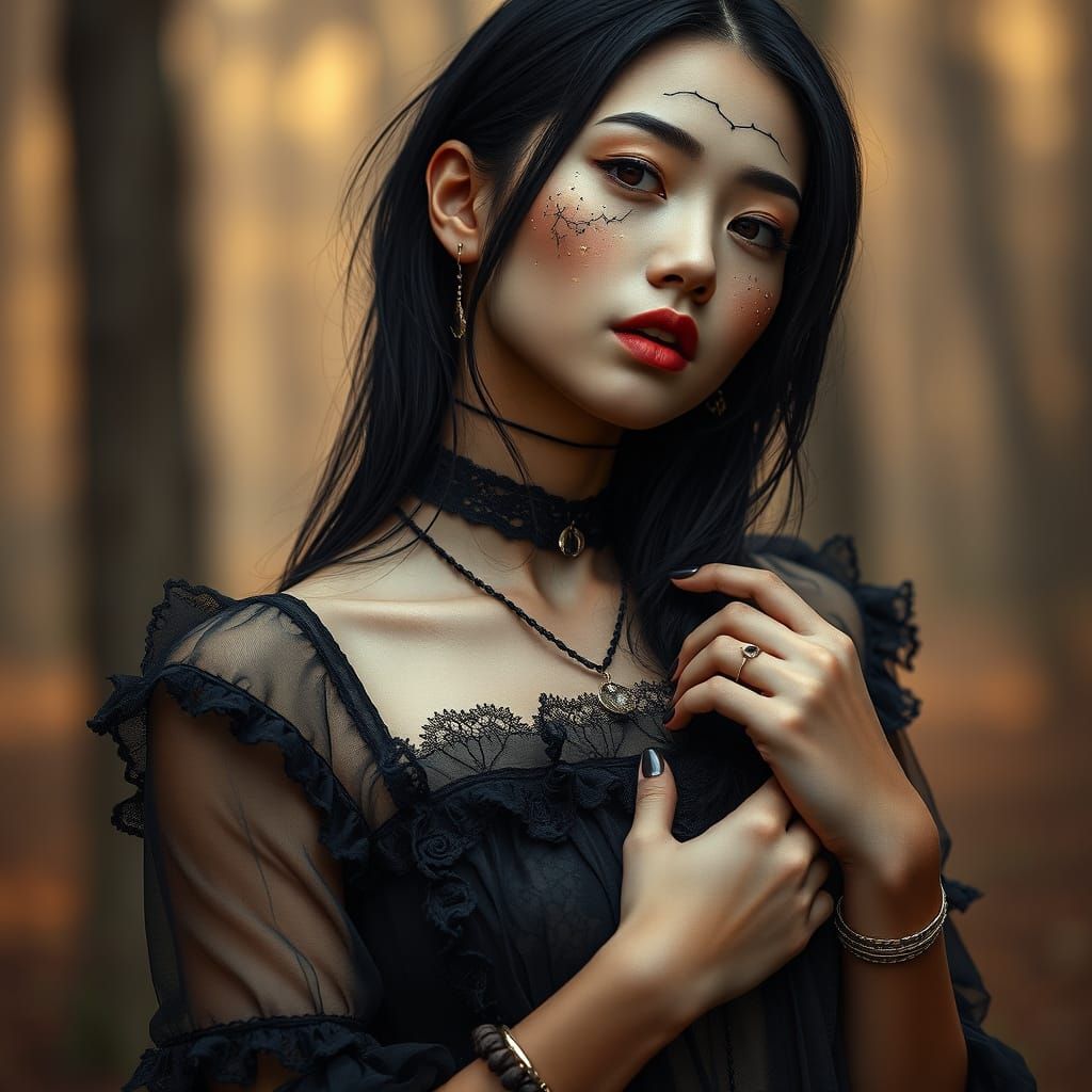 Ethereal Gothic Portrait of Asian Woman with Lace
